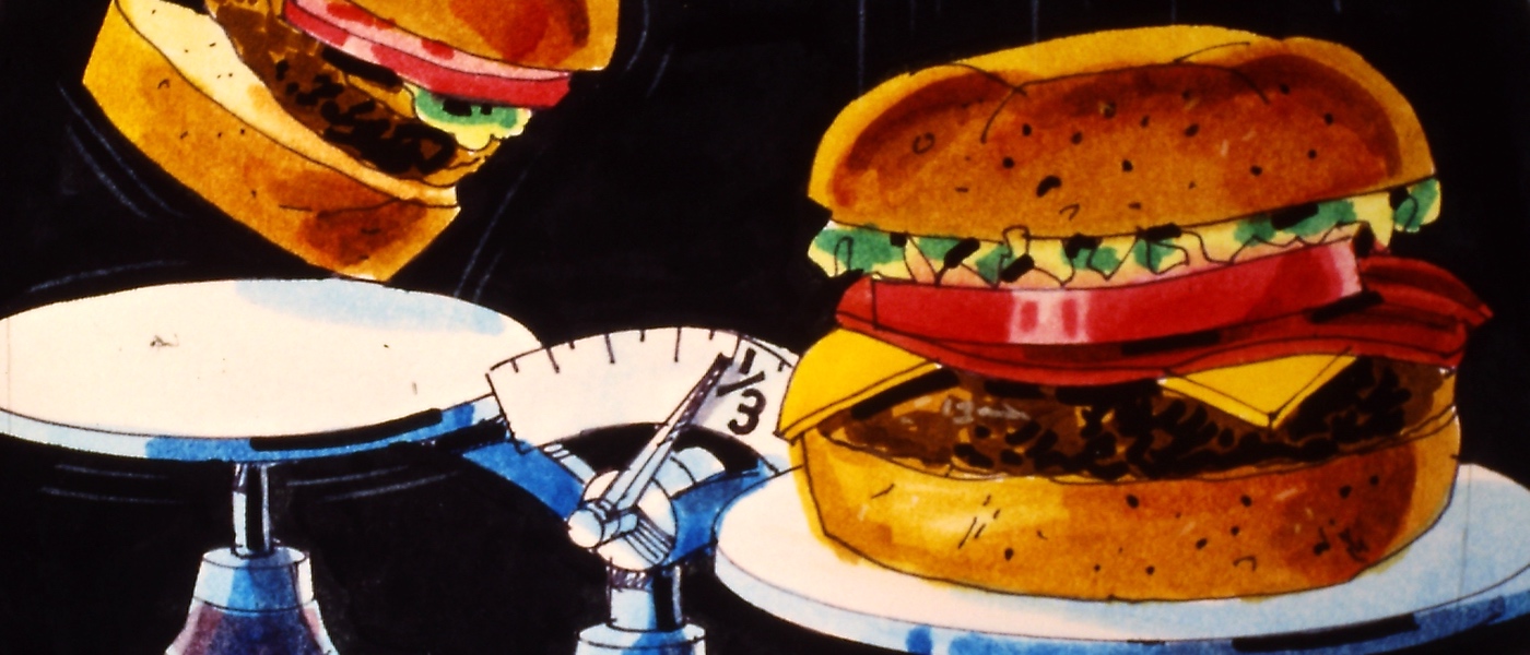 Vintage artwork of two burgers on a scale. The burger on the left scale is flying into the air and the burger in the right is falling lower. The burger on the right is listed as 